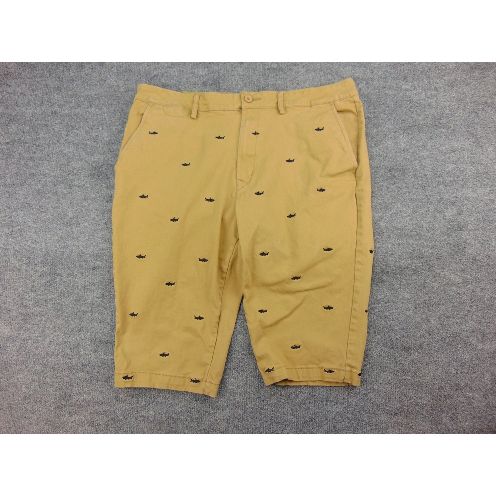 Grindhouse Denim Chino Shorts Men 38 Tan Shark Embroidered Nautical Summer Khaki